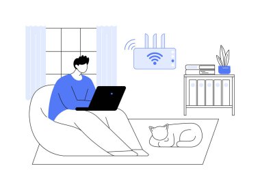 Kablosuz ağlar karikatür vektör çizimlerini izole etti. Genç adam kablosuz veri bağlantıları kullanıyor, modern ağ teknolojisi, Wifi sinyali, akıllı iletişim sistemi vektör karikatürü.