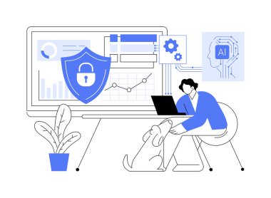 Gelişmiş Uzaktan İşlem Güvenlik Sistemleri soyut konsept vektör çizimi. Yapay zeka, siber güvenlik tehditlerini önlemek için uzak çalışma ortamlarını izliyor. soyut metafor.