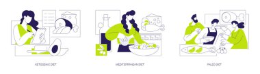 Beslenme ve diyet izole edilmiş çizgi film çizimleri ayarlandı. Ketojenik diyet, yüksek yağlı yemekler yemek, Akdeniz yemeği hazırlamak, paleo beslenme planı, protein yiyeceği, kilo verme vektör karikatürü.