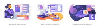 Araştırma ve Bilimsel Alan Çalışması için Robotlar soyut konsept vektör illüstrasyonu seti. Robotlar kağıtları analiz eder, eserleri dikkatle kazar ve okyanus araştırmaları için deniz yaşamını denerler. soyut metafor.