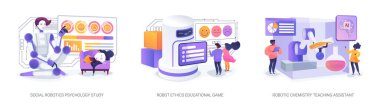 Eğitim ve Sosyal Araştırma Robotları soyut konsept vektör çizimi seti. Robotlar sosyal tepkileri inceler, oyun yoluyla yapay zeka etiğini öğretir ve laboratuvarlarda kimyasallarla güvenli bir şekilde ilgilenirler. soyut metafor.