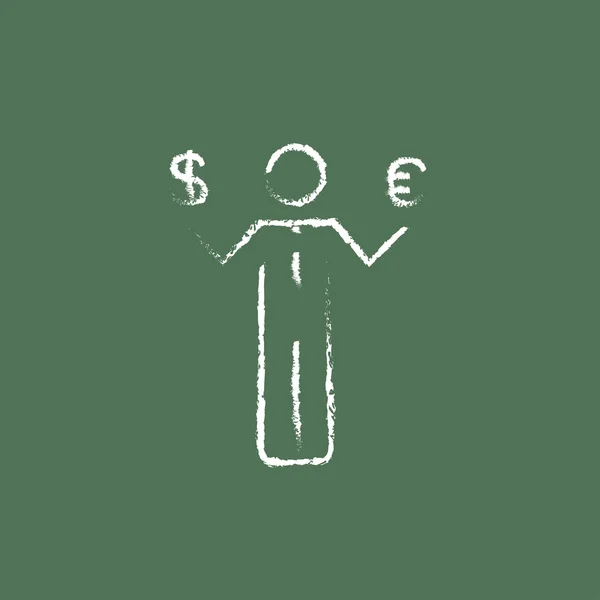 Businessman holding Euro and US dollar icon drawn in chalk. — Wektor stockowy