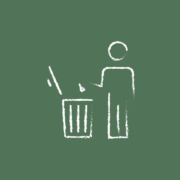 Uomo gettare immondizia in un'icona bin gesso disegnato . — Vettoriale Stock
