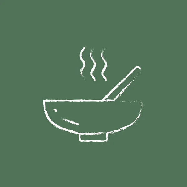 Μπολ με ζεστή σούπα με κουτάλι εικονίδιο συντάσσεται με κιμωλία. — Διανυσματικό Αρχείο
