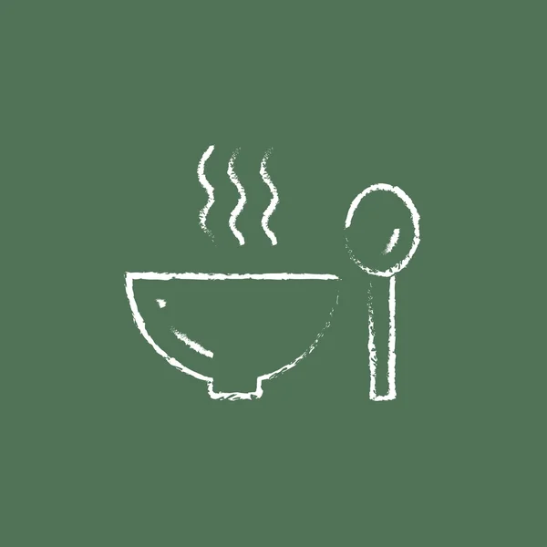 Kom van warme soep met lepel pictogram opgesteld in krijt. — Stockvector