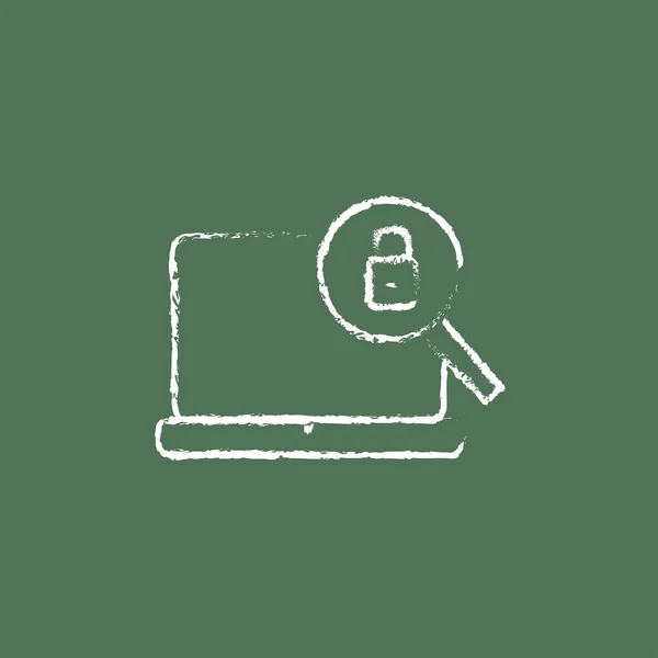 Laptop and magnifying glass icon drawn in chalk. — Stockvector
