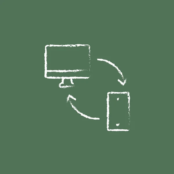 Synchronization computer with mobile device icon drawn in chalk. — Stock vektor