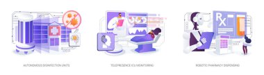 Sağlık hizmetleri Robot Yeniliği soyut konsept vektör çizimi seti. Sağlık robotları operasyonları optimize eder, kritik görevleri çözer ve gerçek zamanlı görüşü hızlandırır. soyut metafor.