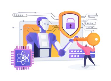 Güvenli ağlar için kuantum şifrelemesi soyut konsept vektör çizimi. Kuantum tuşları hassas veriler için kırılmaz şifreleme sağlar. soyut metafor.