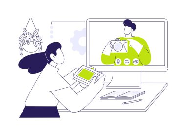 Fotoğraf, karikatür vektör çizimlerini izole etti. İnternette öğretmenle fotoğraf dersi alan bir kız, yaratıcı hobi, kamerayı eline almak, resim çekimi atölyesi vektör karikatürü.