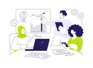 Takım çalışması soyut konsept vektör çizimi. Çeşitli meslektaşlar yeni proje, takım çalışması organizasyonu, iş adabı, şirket kültürü, şirket kuralları soyut metaforu tartışıyor.