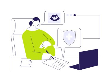 Ücretli aile izni soyut konsept vektör çizimi. Hamile kadın annelik izni, iş adabı, şirket kültürü, şirket kuralları, soyut metafor için başvuruda bulunuyor..