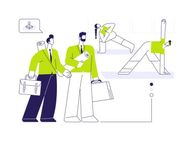 Refah programı soyut konsept vektör çizimi. Bir grup mutlu çalışanın yoga minderleri, işçilerin refahı, iş ahlakı, şirket kültürü, şirket kuralları soyut metaforlar.