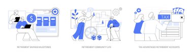 Emeklilik Tasarrufları, Yaşam Tarzı Sahneleri soyut konsept vektör illüstrasyonu seti. Tasarruf zaman çizelgesi, sosyal yaşlılar topluluğu etkinlikleri, sosyal yardım hesapları ve emeklilik planları. soyut metafor.