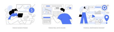 Pasif gelir, finansal özgürlük soyut konsept vektör çizimi seti. Pasif gelir akışları rehberi, erken emeklilik planı, emlak kiralama gelirleri. soyut metafor.