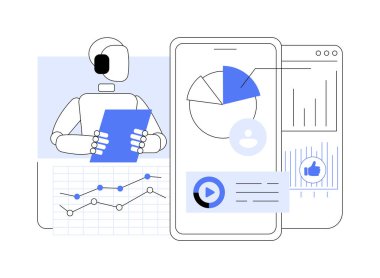 Al-Driven Sosyal Medya Analitikleri soyut konsept vektör çizimi. AI sosyal medya eğilimlerini izliyor ve eyleme geçirilebilir pazarlama stratejileri öneriyor. soyut metafor.