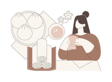 Islak el havlusu karikatür vektör çizimleri. Müşteri suşi restoranında ıslak havlu kullanıyor. Horeca işi, geleneksel Japon mutfağı kafesi. Yemek hazırlığı..