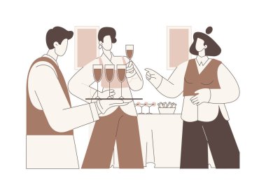 Yemek servisi karikatür vektör çizimlerini izole etti. Konuklara yiyecek ve içecek sunan servis elemanları, eğlence sektörü, profesyonel insanlar, şenlikli ziyafet vektör karikatürü.