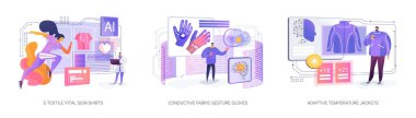 Akıllı Tekstil İnovasyon soyut konsept vektör çizimi. Akıllı tekstil, güvenilirliği artırır, kısıtlamalar altında öncü direnci arttırır ve sürtünmesiz kararları yeniden tanımlar. soyut metafor.