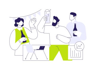 Karikatür vektör çizimleri başarısını kutlayın. Genç meslektaşlar birlikte bira içer, başarılı bir iş anlaşmasını kutlar, takım oluşturur, insanların yaşam tarzı vektör karikatürünü çizer..