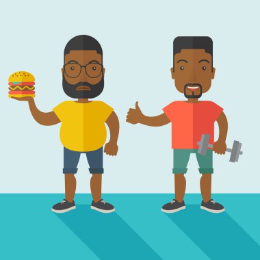 Men standing with hamburger and dumbbell.