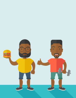 Men standing with hamburger and dumbbell.