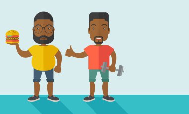 Men standing with hamburger and dumbbell.