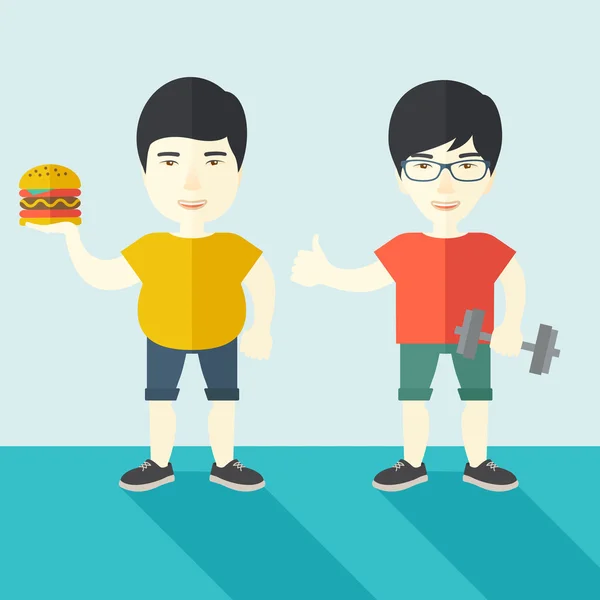 Men standing with hamburger and dumbbell. — Stock vektor