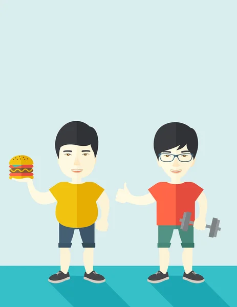 Men standing with hamburger and dumbbell. — Stock vektor