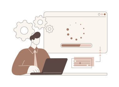 Yazılım kurulumu karikatür vektör çizimlerini izole etti. Bilgisayarlı bir adam ofise profesyonel yazılım yüklüyor, bilgisayar ekranına işlem indiriyor, bilişim teknolojisi vektör karikatürü.