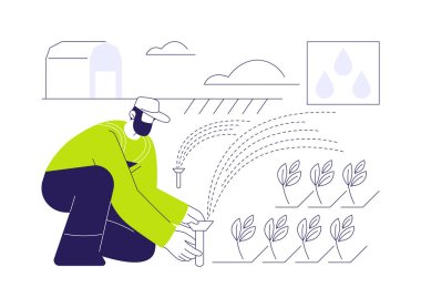 Sulama sistemleri soyut konsept vektör çizimi. Çiftlik sahasına sulama ekipmanı, tarım sektörü sanayisi, tarım girdisi sektörü soyut metaforu yerleştiren işçiler.