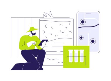 Toprak örnekleri izole edilmiş çizgi film çizimleri. Tabletli çiftçi toprak örnekleme, akıllı tarım, tarımsal verimi artırma, besin değeri çizgi filmi izleme.