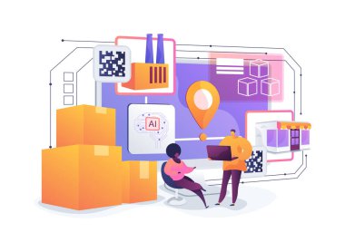 Tedarik zinciri şeffaflığı soyut konsept vektör çizimi. Gösterge paneli dağıtılmış defter girişlerini kullanarak imalatçıdan tüketiciye ürün yolculuğunu izliyor. soyut metafor.