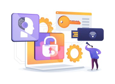 Kriptografik Anahtar Depolama soyut konsept vektör çizimi. Donanım modülü özel anahtarları güvence altına alır ve kripto cüzdanlar için iki faktörlü kimlik doğrulaması uygular. soyut metafor.