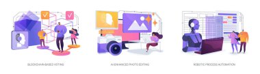 Günlük Görevlerdeki Al ve Otomasyon soyut konsept vektör illüstrasyonu seti. Engelleme zinciri oylamayı güvence altına alır, Al fotoğrafları düzenler ve RPA ofis veri girişini otomatikleştirir ve görevleri rapor eder. soyut metafor.
