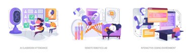 Modern Eğitim 'deki yapay zeka araçları soyut konsept vektör çizimi seti. Yapay zeka katılım kayıtları, uzak laboratuvar robotlarını etkinleştirir ve gerçek zamanlı akıllı önerilerle kodlamayı güçlendirir. soyut metafor.