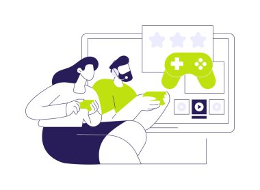 Konsol oyunu izole edilmiş çizgi film vektör çizimleri. Oyun oynayan arkadaşlar, oyun konsolu, video eğlence, modern teknoloji, birlikte zaman geçirme vektör karikatürü.