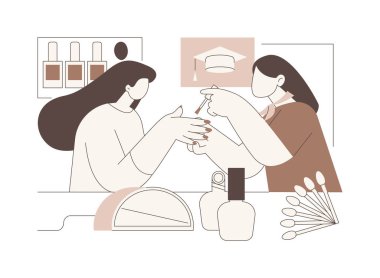 Çivi bakımı karikatür vektör çizimlerini izole etti. Acemi manikür ustası eğitimi, meslek okulunda öğrenci, teknik beceriler, tırnak sanatı kursu, yeni meslek karikatürü..