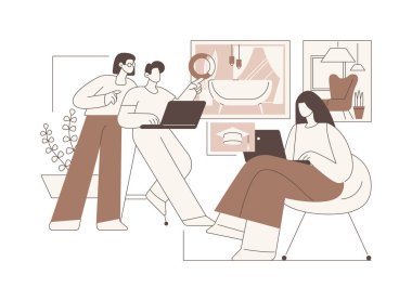 İç tasarım karikatür vektör çizimlerini izole etti. İç tasarım için renk paleti seçen bir grup öğrenci, iş tartışması, bölge üniversitesi, yardımcı vektör karikatürü.