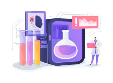 Akıllı Laboratuvar Güvenlik Sistemi soyut konsept vektör çizimi. Laboratuvar sensörleri gazı, sıcaklığı ve kimyasal seviyeleri izliyor. Personeli tehlikelere karşı otomatik olarak uyarıyor. soyut metafor.