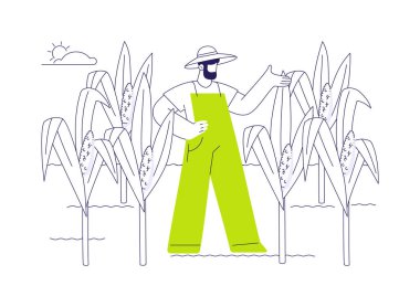 Mısır üretimi soyut konsept vektör çizimi. Tarlada mısır yetiştiren çiftçi, tarım endüstrisi, tarım işçisi, üretim sektörü soyut metafor.