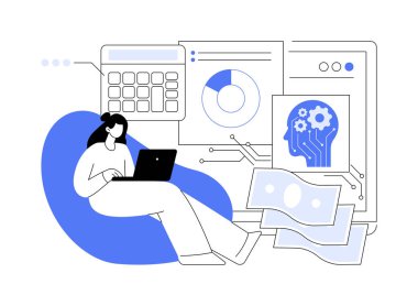 AI Kişisel Finans Yönetimi soyut konsept vektör çizimi. Bir birey, kişisel finansman, izleme giderleri ve bütçe tavsiyesi almak için yapay zeka uygulamasını kullanır. soyut metafor.