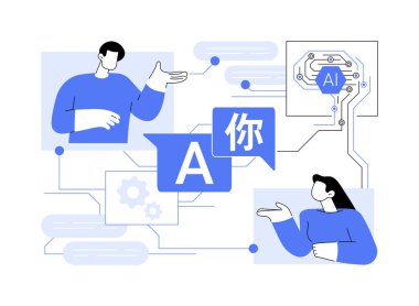 Gerçek zamanlı çeviri araçları soyut konsept vektör illüstrasyonları. Yapay zekayla çalışan çeviri araçları çok dilli takımlar arasında kusursuz bir işbirliği sağlar. soyut metafor.