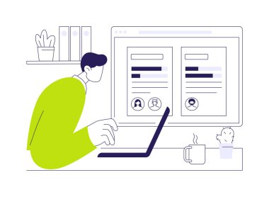 Proje durumu, soyut konsept vektör illüstrasyonunu günceller. Adam, bir işbirliği uygulaması, modern iş teknolojisi, şirket takım çalışması soyut metaforu kullanarak projenin durumunu izliyor.