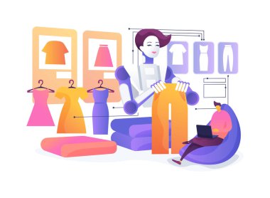 Ev Çamaşırhanesi Katlanan Robot soyut konsept vektör çizimi. Ev robotu temiz giysileri topluyor, katlıyor ve çamaşırları otomatik olarak belirlenmiş çöp kutularına ayırıyor. soyut metafor.