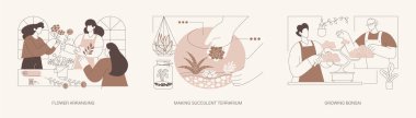 Çiçek ve bitki tasarım dersleri karikatür vektör çizimleri seti. Çiçek düzenleme atölyesi, buket kompozisyonu oluşturma, sulu teraryum yapma, bonsai özel vektör çizgi filmi yetiştirme.