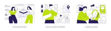 Spor malzemeleri mağazası izole çizgi film çizimleri seti. Spor giysileri alışverişi, elektronik departmanı, bir cihaz almak, sırt çantası seçmek, müşteri temsilcisi vektör karikatürüne danışmak..