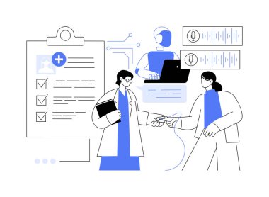 AI Voice etkinleştirilmiş tıbbi kayıtlar soyut konsept vektör illüstrasyonu. Doktorlar, muayene sırasında hasta kayıtlarını güncellemek için yapay zeka ses tanıma sistemi kullanıyorlar. soyut metafor.