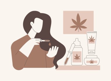CBD 'nin tüm amaçları karikatür vektör çizimlerini izole etmek. CBD kozmetik kullanan gülümseyen kadın, kenevir içeren güzellik ürünleri, şehir yaşam tarzı, eğlence amaçlı marihuana vektör karikatürü.