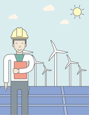 Man with solar panels and wind turbines.